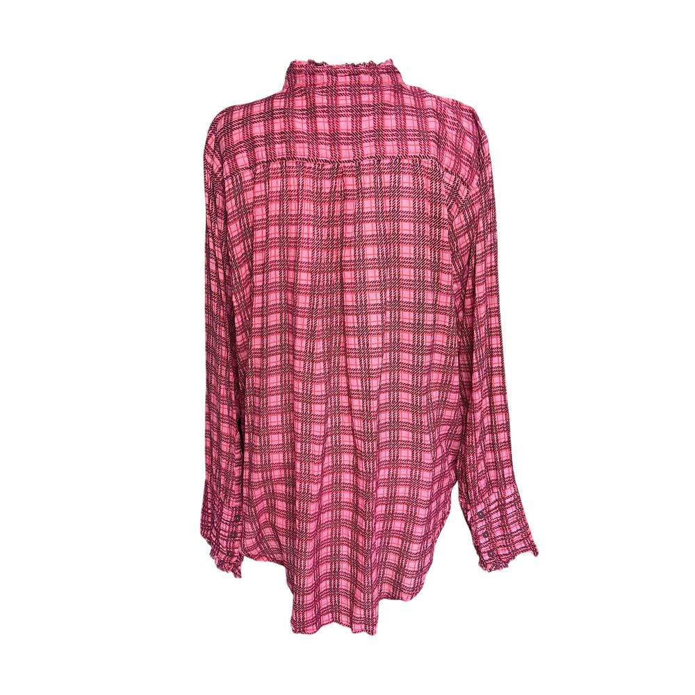 FREE PEOPLE ONE Women’s Boho Pink Plaid Mile’s Tuxedo Ruffle Front Top - Picture 6 of 6